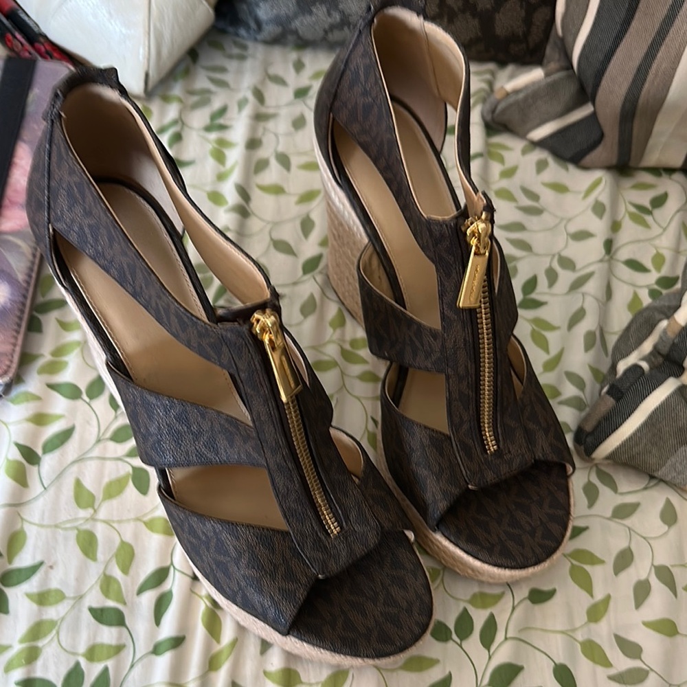 MICHAEL Michael Kors Brown Wedge Sandals with Geometric Straps